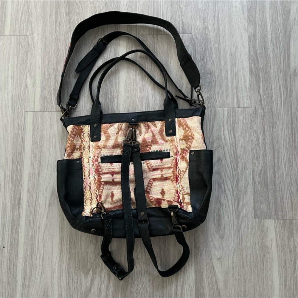 Nena & Co. Convertible Backpack Tote Bag Black Leather Tribal Geometric Woven - Picture 5 of 14
